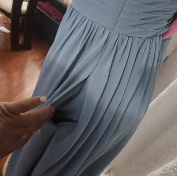 Azazie Blue Ruched One Shoulder Gown - Picture 6 of 12